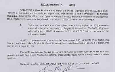 Enelvo Junior ,apresentei um requerimento endereçado à Presidência da Câmara Municipal de Sidrolândia, Juscinei Claro Dino, para que forneça documentos e informações sobre a aquisição de 16 notebooks