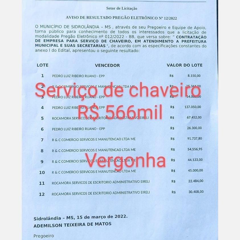 Prefeitura de Sidrolândia contrata serviços de chaveiro por meio milhão de reais  Prefeitura de Sidrolândia contrata serviços de chaveiro por meio milhão de reais