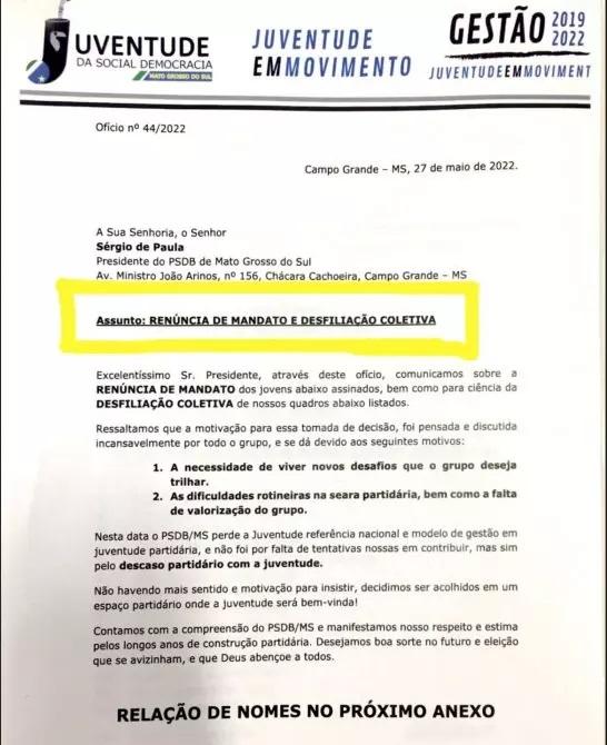 Membros da ala jovem anunciam desfiliação coletiva do PSDB em MS Membros da ala jovem anunciam desfiliação coletiva do PSDB em MS