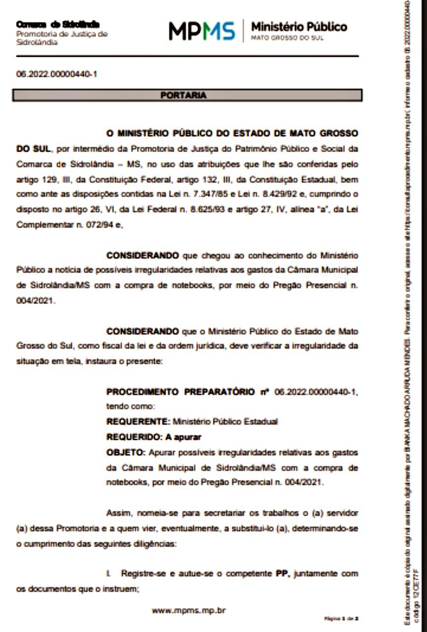 MP investiga a Câmara por suposto superfaturamento na compra de “NOTEBOOKS” MP investiga a Câmara por suposto superfaturamento na compra de “NOTEBOOKS”