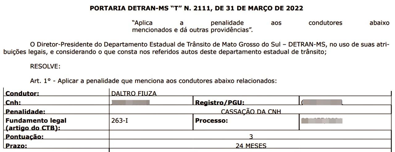 “CNH” de ex-prefeito de Sidrolândia  “CASSADA” pelo período de 24 meses “CNH” de ex-prefeito de Sidrolândia  “CASSADA” pelo período de 24 meses