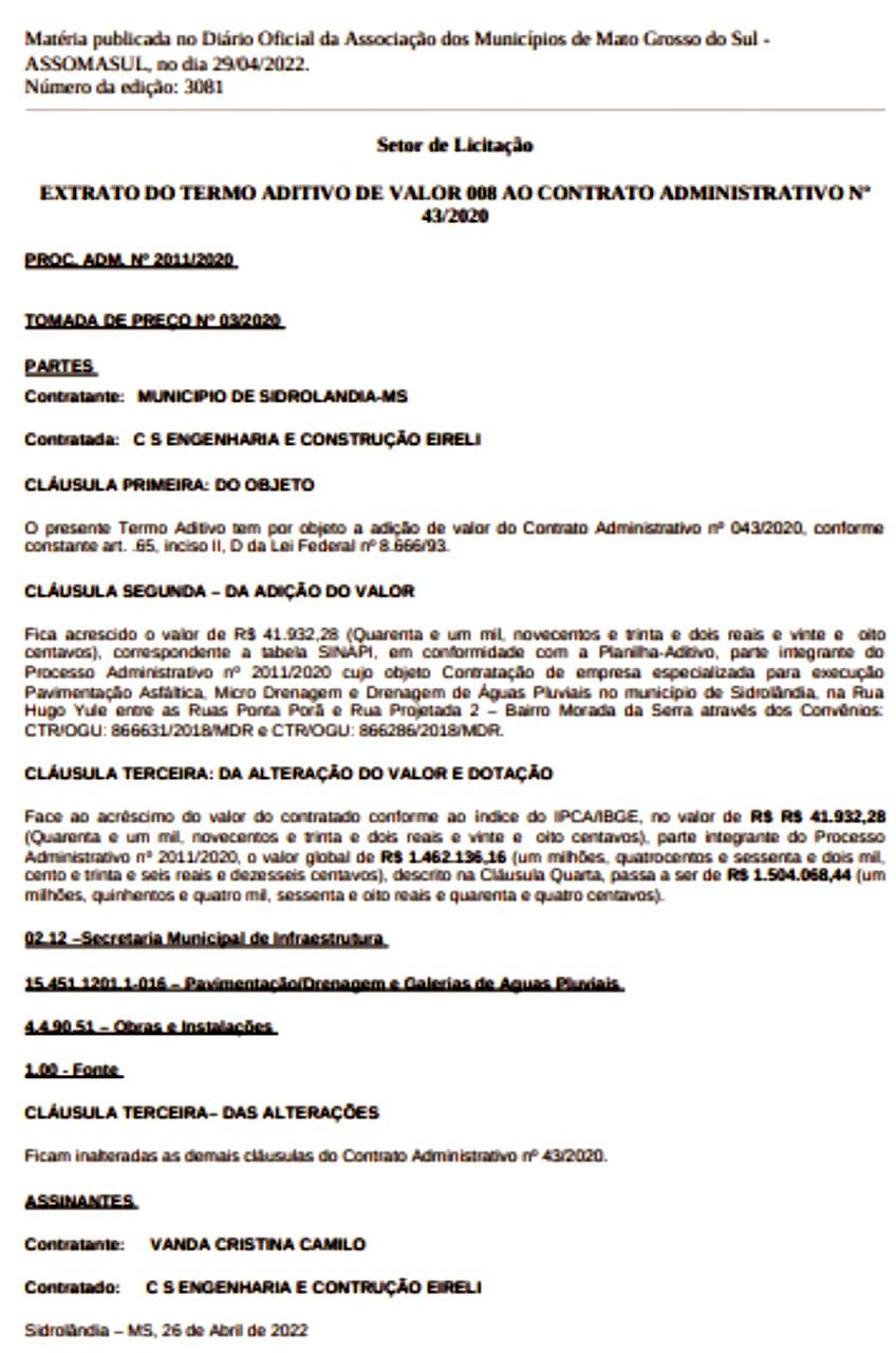 Contrato passa de R$ 1.500.000,00, após prefeita acrescentar dois valores na mesma data, para uma mesma empresa em Sidrolândia  Contrato passa de R$ 1.500.000,00, após prefeita acrescentar dois valores na mesma data, para uma mesma empresa em Sidrolândia