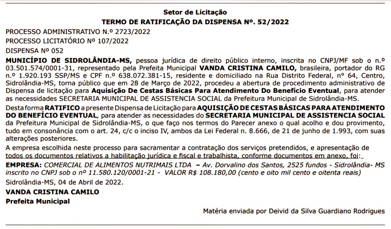 Prefeita  Vanda Camilo ,contrata EMPRESA com “DISPENSA DE LICITAÇÃO”, para aquisição de Cestas Básicas no valor de R$ 108.180,00 Prefeita  Vanda Camilo ,contrata EMPRESA com “DISPENSA DE LICITAÇÃO”, para aquisição de Cestas Básicas no valor de R$ 108.180,00