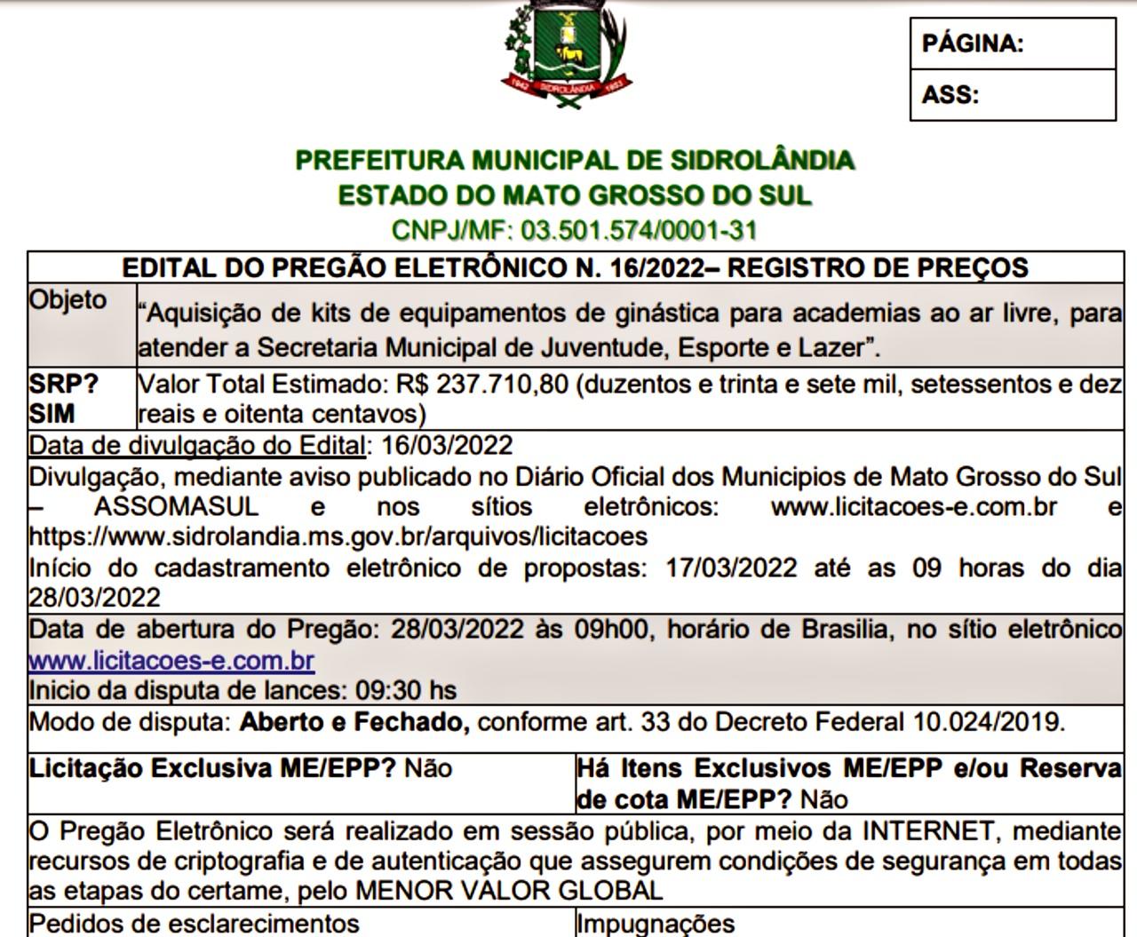 Prefeita Vanda Camilo , publica licitação para “aquisição de kits de equipamentos de ginástica” no valor estimado de R$ 237.710,80  Prefeita Vanda Camilo , publica licitação para “aquisição de kits de equipamentos de ginástica” no valor estimado de R$ 237.710,80