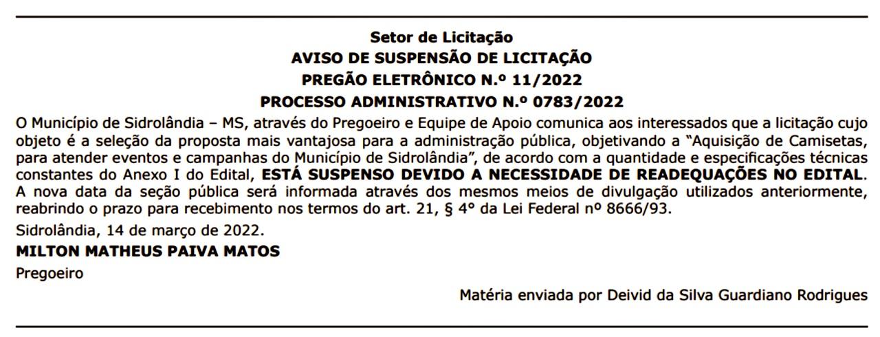 Licitação da Prefeitura de Sidrolândia para compra de 54.000 camisetas foi suspensa após determinação do TCE Licitação da Prefeitura de Sidrolândia para compra de 54.000 camisetas foi suspensa após determinação do TCE