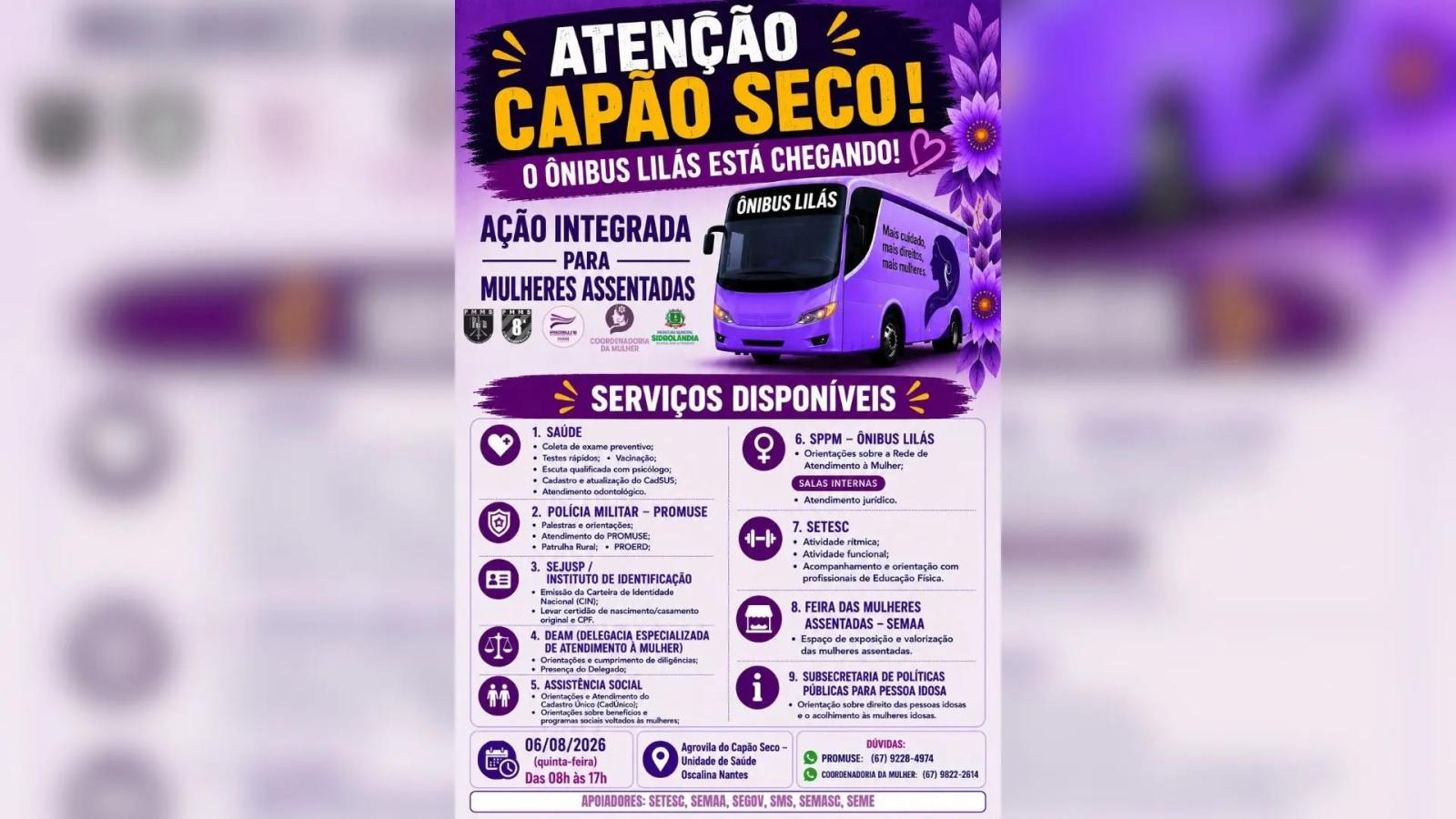 Ônibus Lilás leva atendimentos gratuitos à zona rural de Sidrolândia nesta semana